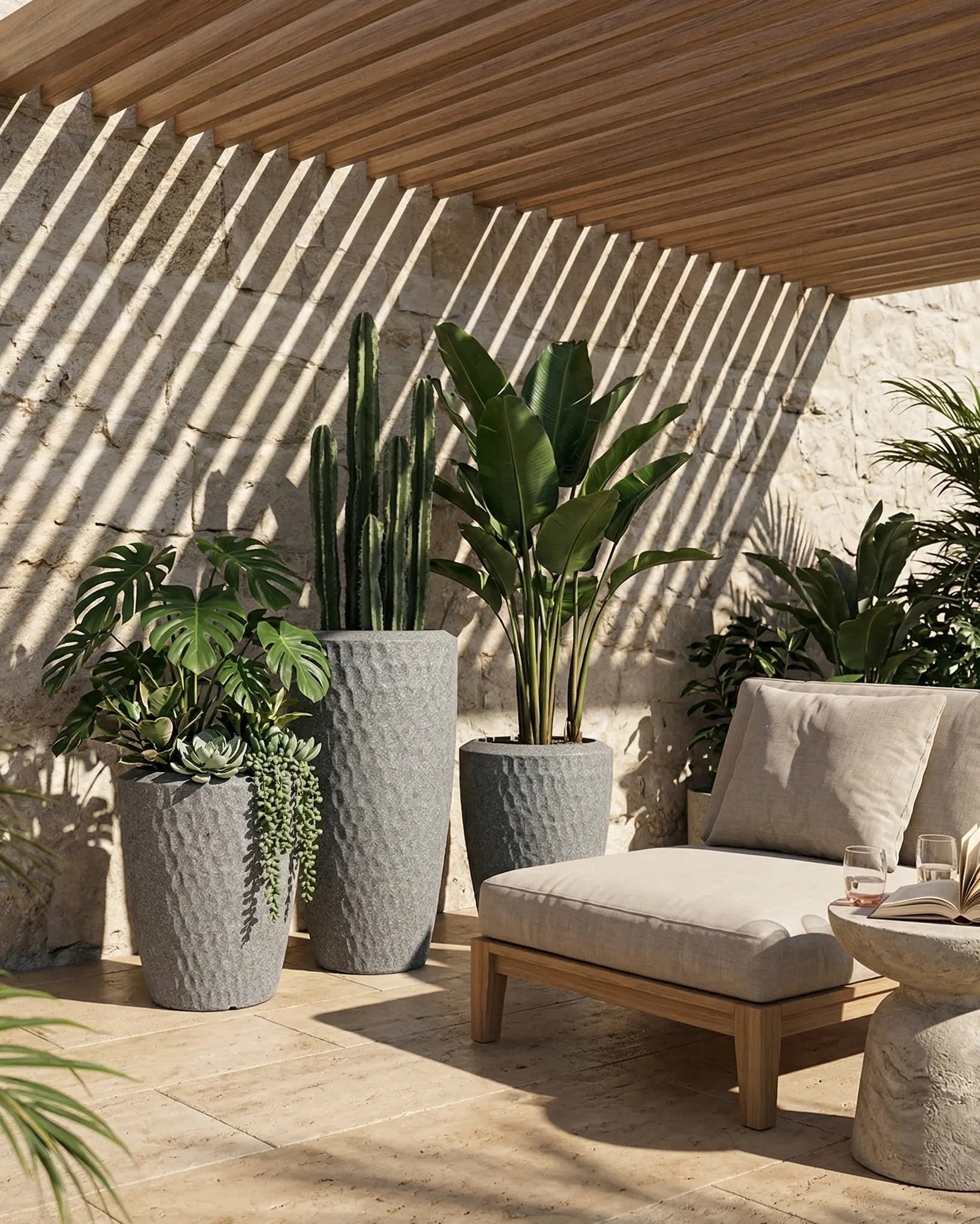 Outdoor patio with cushioned chair, table, and potted plants under a wooden pergola.