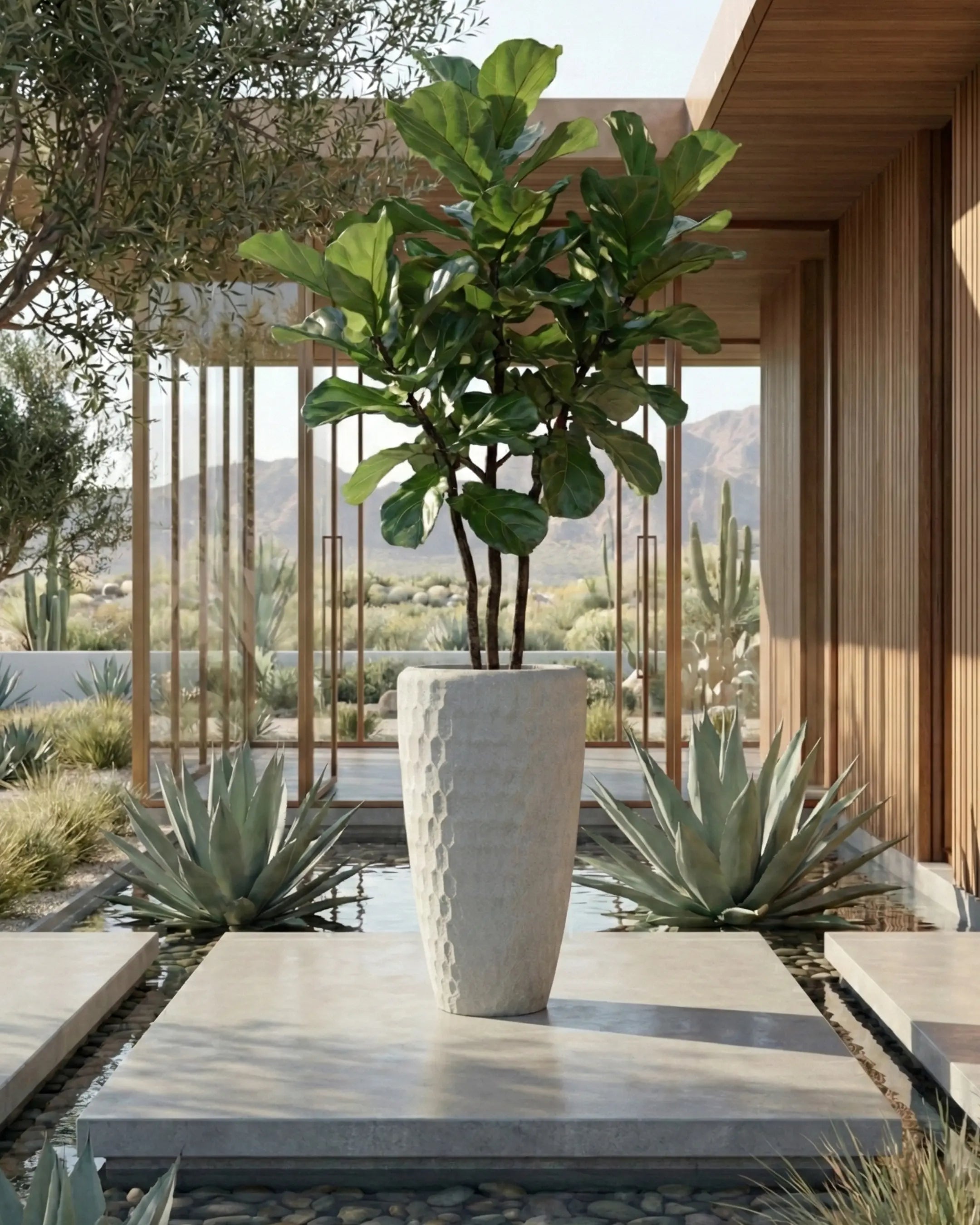 Tall potted plant in a textured white vase on a stone platform with desert landscape in the background