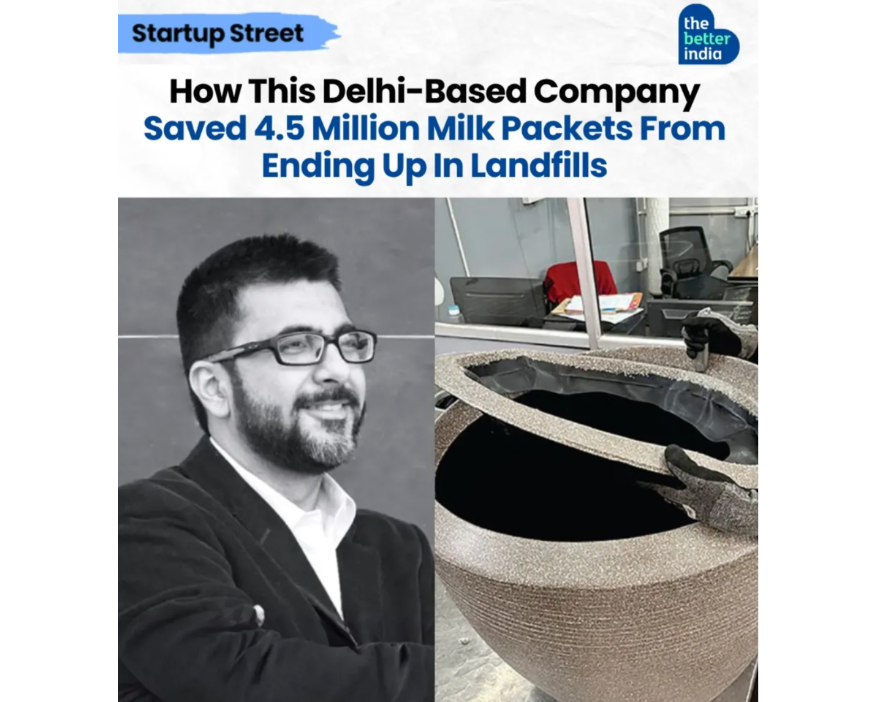 yuvraj singh ahuja next to a large stone texture planter, with text about a Delhi-based company saving milk packets.