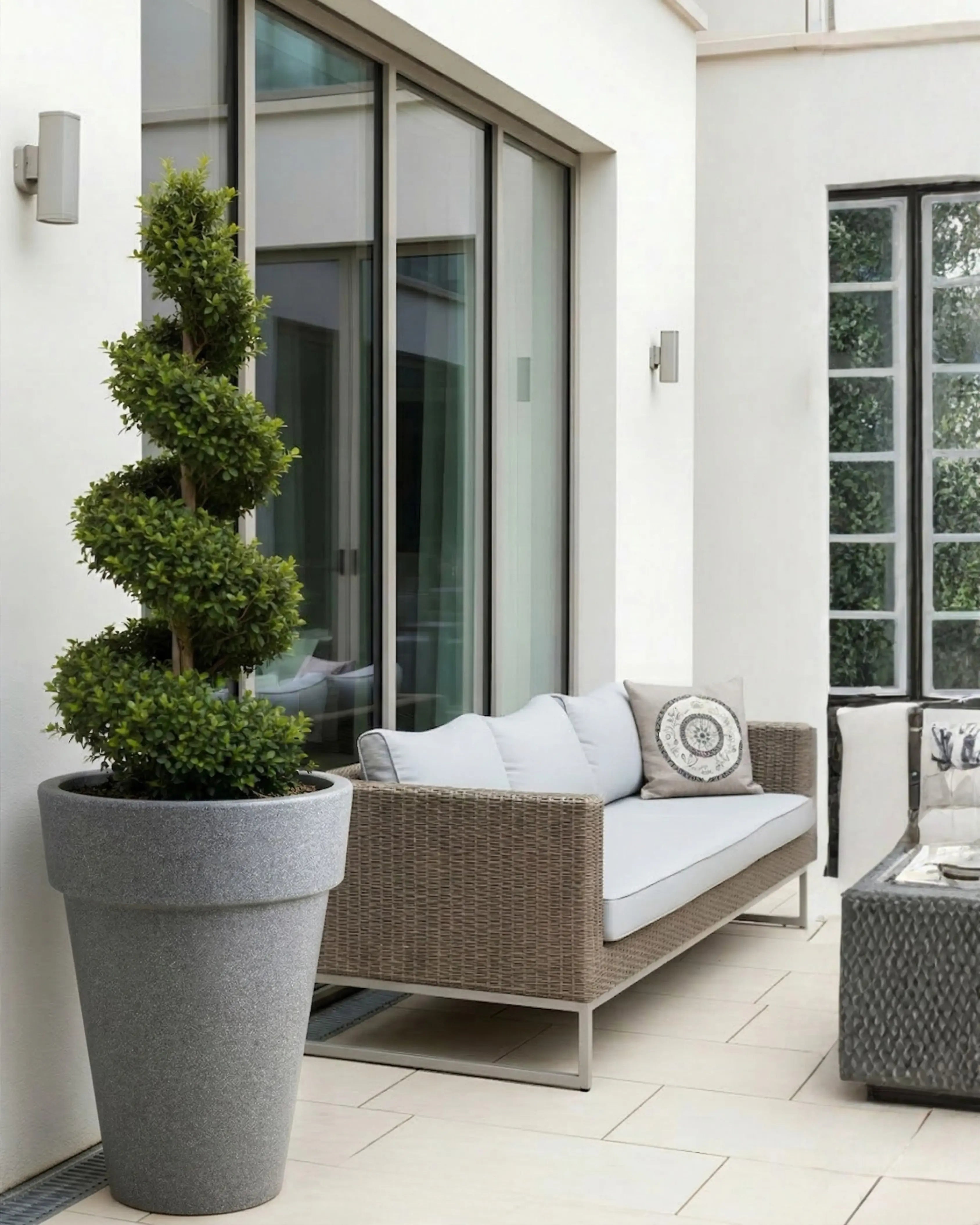Outdoor patio with wicker sofa, cushions, and potted plant in a modern setting.