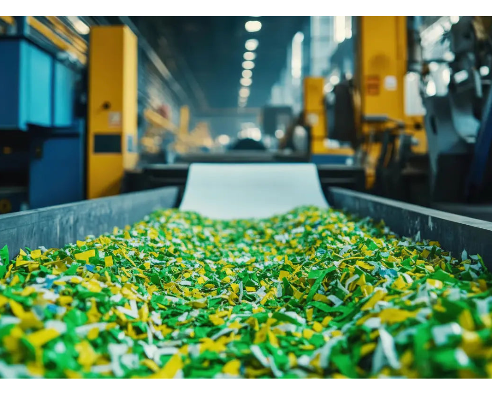 Conveyor belt with green and yellow materials for recycling