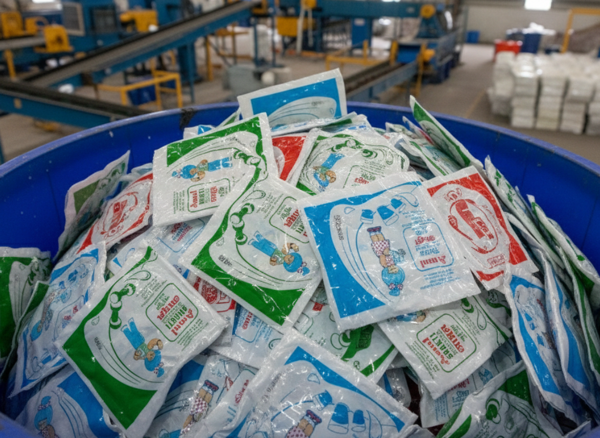 Stack of empty milk pouches in a blue container with an industrial setting in the background.