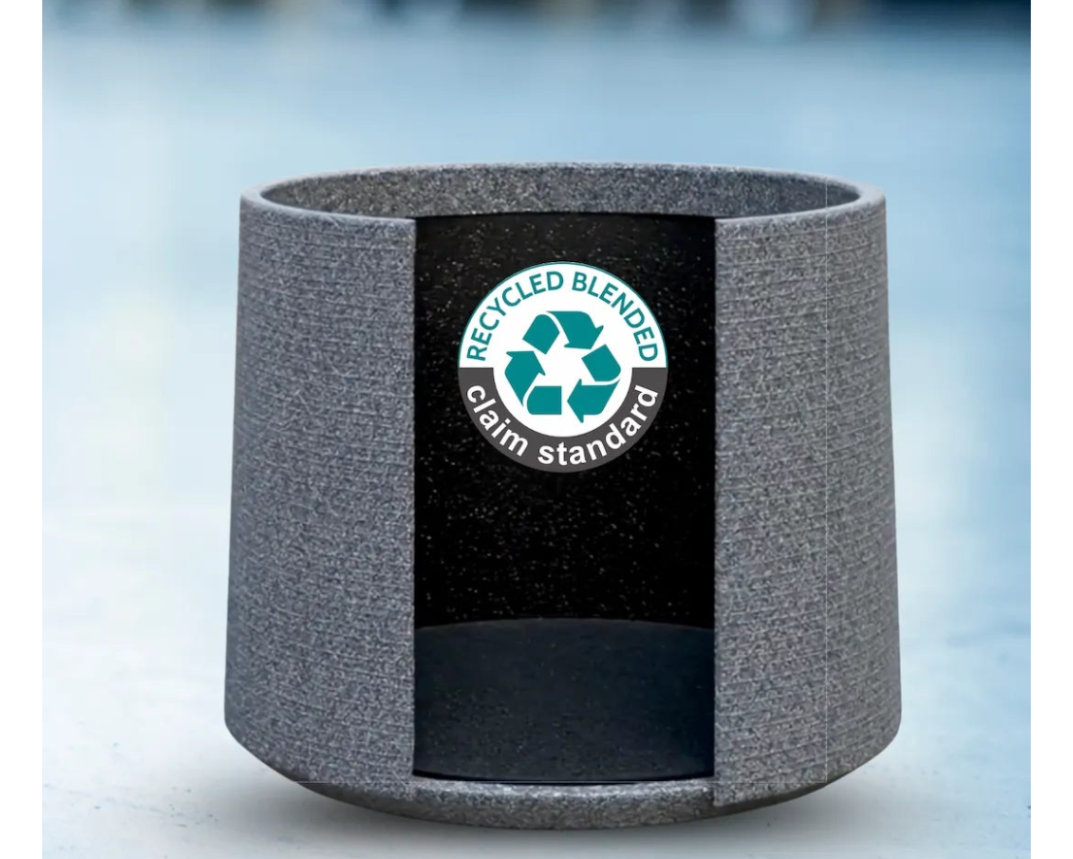Recycled product with RCS certification logo on a blurred background